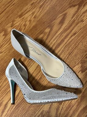 Betsey Johnson Ivory Crystal-Embellished Pointed-Toe Pumps with Teal Heel